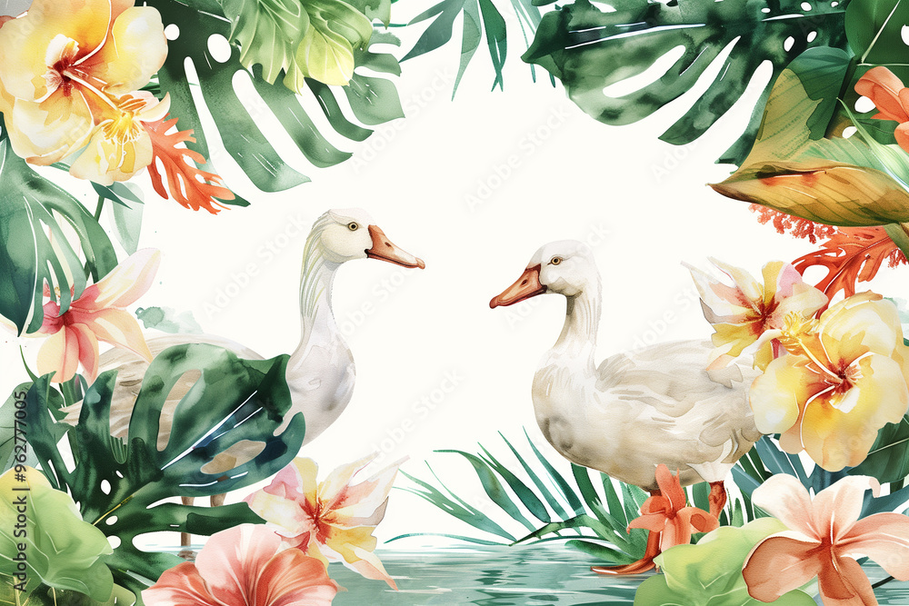 Watercolor tropical summer frame with birds, flowers and leaf
Watercolor tropical summer frame with birds, flowers and leaf