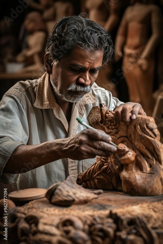 Skilled craftsman carves wooden bird sculpture on workshop table. Hands covered in wood shavings attention to detail. South Asian man creates intricate wooden art piece.