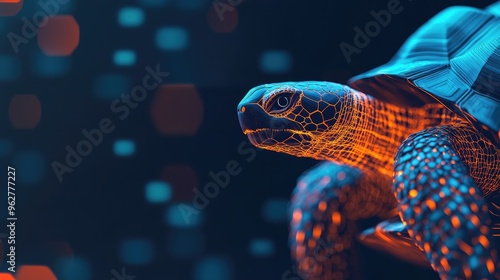 A stylized turtle with a digital, glowing design against a dark background.