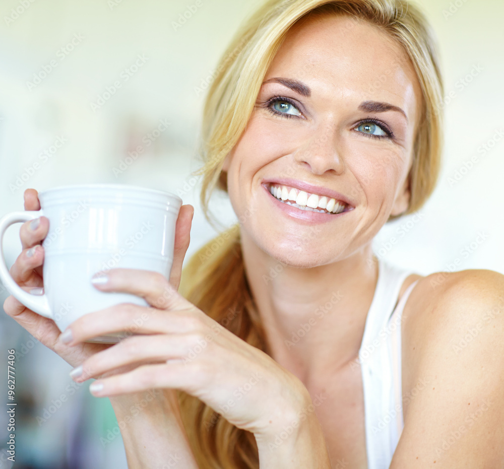 Woman, coffee and morning in home with smile and thinking about day plan in kitchen with hot drink. Wellness, calm and health tea with smile and happy from weekend break at beach house with mug Woman, coffee and morning in home with smile and thinking about day plan in kitchen with hot drink. Wellness, calm and health tea with smile and happy from weekend break at beach house with mug
