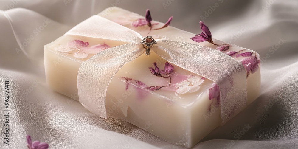 A floral soap bar tied with a ribbon. A floral soap bar tied with a ribbon.