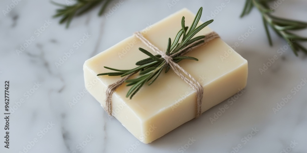 A bar of soap tied with twine and rosemary. A bar of soap tied with twine and rosemary.