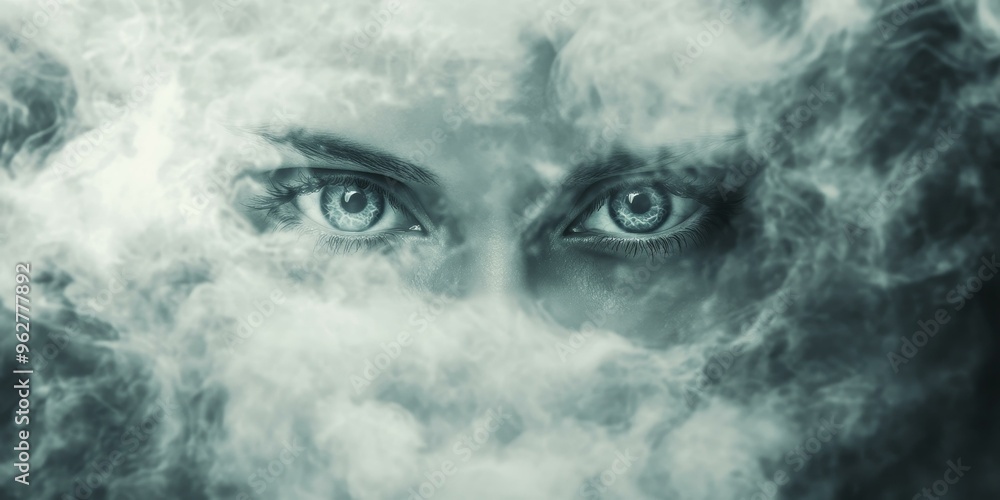 Two eyes peering through smoke. Two eyes peering through smoke.