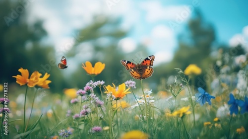 Vibrant Meadow: Nature's Floral Oasis with Butterflies