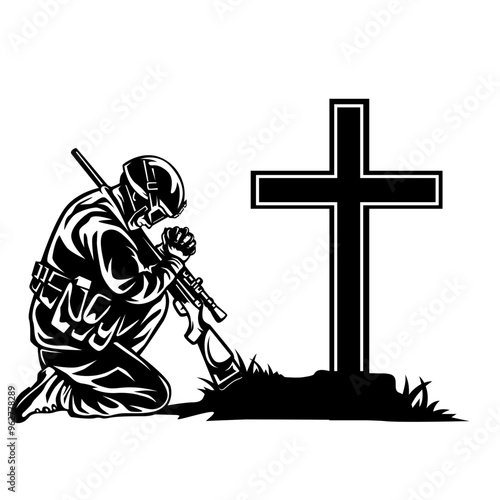 Soldier Kneeling | Praying Soldier | Mourning Soldier | Sign of the Cross | Veterans | US Army | American Soldier | Soldier | Original Illustration | Vector and Clipart | Cutfile and Stencil