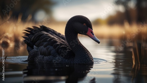 A black swan in a lake in the morning