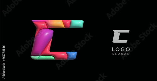 Sporty 3D bubble letter C, puzzle-like volume effect, vibrant Memphis-style cutout logo, glossy colorful design for dynamic youthful logos, shiny colored. Vector illustration