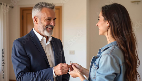 A smiling mature professional realtor agent giving house key to a couple buying property and ready to become homeowners, real estate market concept.