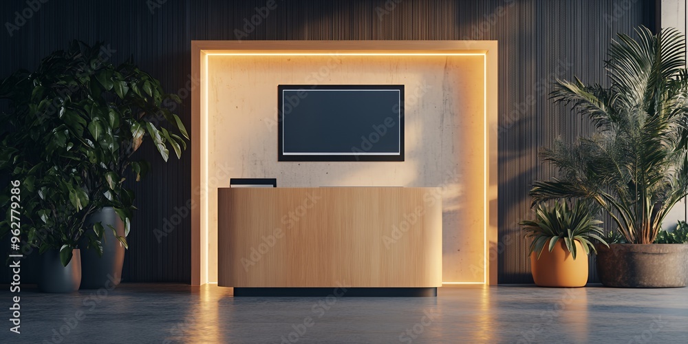 Modern office reception desk with wooden countertop and a flat screen TV in a light-filled room. Modern office reception desk with wooden countertop and a flat screen TV in a light-filled room.