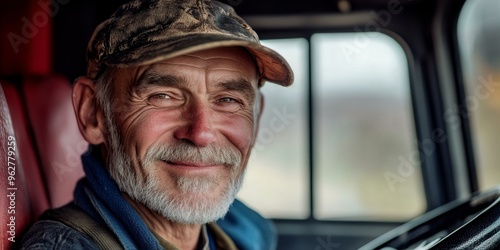 Smiling older man in a truck driver's seat.