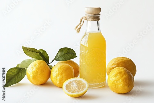 Fresh Yuzu Juice Bottle With Yuzu Fruit isolated on a white background