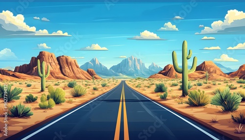 Desert Road Illustration with Mountains, Cacti and Clouds