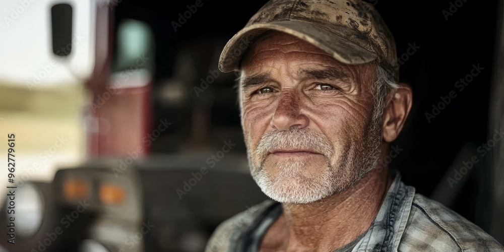 A man in a dirty cap looks intensely at the A man in a dirty cap looks intensely at the