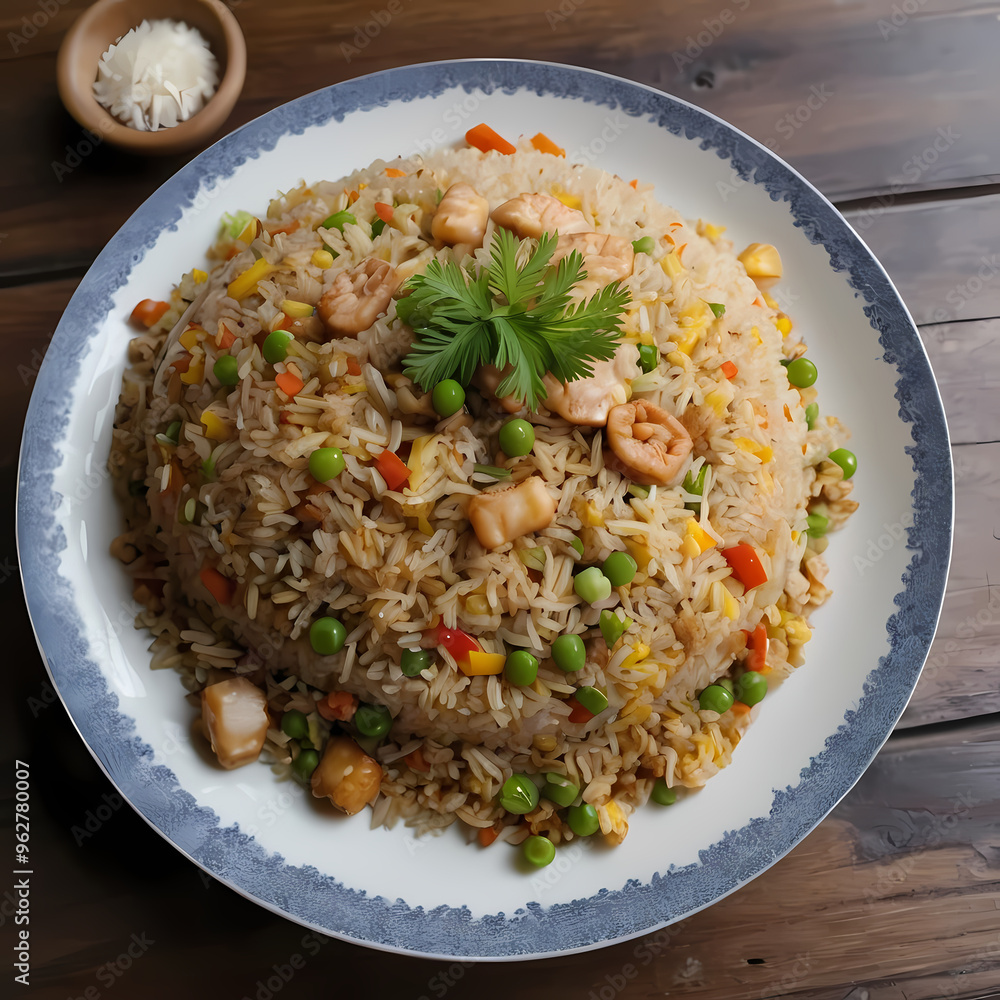 A Plate of Fried Rice on a Wooden Table A Plate of Fried Rice on a Wooden Table