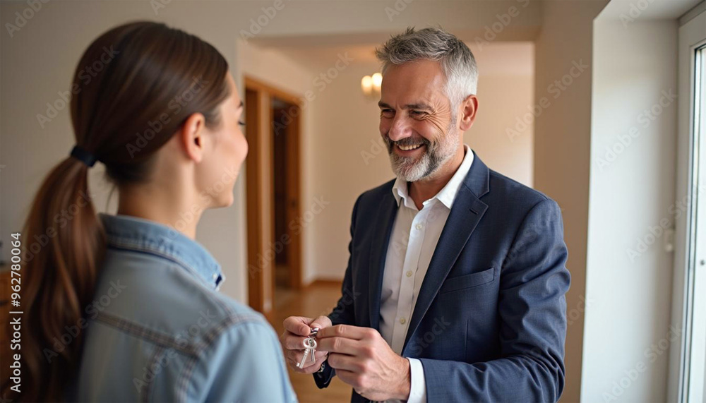 A smiling mature professional realtor agent giving house key to a couple buying property and ready to become homeowners, real estate market concept. A smiling mature professional realtor agent giving house key to a couple buying property and ready to become homeowners, real estate market concept.