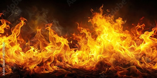 Fiery flames engulf a dark background, crackling and popping in a mesmerizing dance of orange and yellow hues, photo