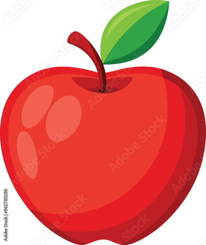 A simple, vibrant illustration of a shiny red apple with smooth curves and soft reflections on its surface. The apple has a small brown stem at the top, with a bright green leaf attached to it. The de