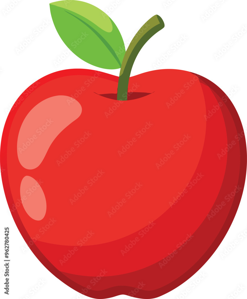 A simple, vibrant illustration of a shiny red apple with smooth curves and soft reflections on its surface. The apple has a small brown stem at the top, with a bright green leaf attached to it. The de A simple, vibrant illustration of a shiny red apple with smooth curves and soft reflections on its surface. The apple has a small brown stem at the top, with a bright green leaf attached to it. The de