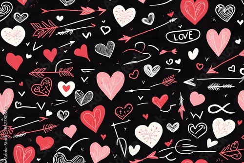 Wallpaper Mural A whimsical doodle style design with hearts arrows and love notes in red white and pink on a black, AI Generated Torontodigital.ca