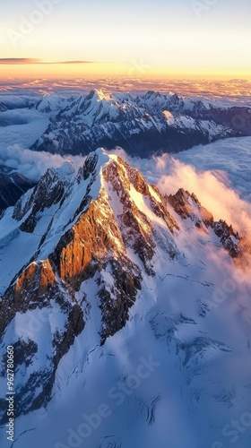 Aerial view of a snow-covered alpine mountain at sunrise