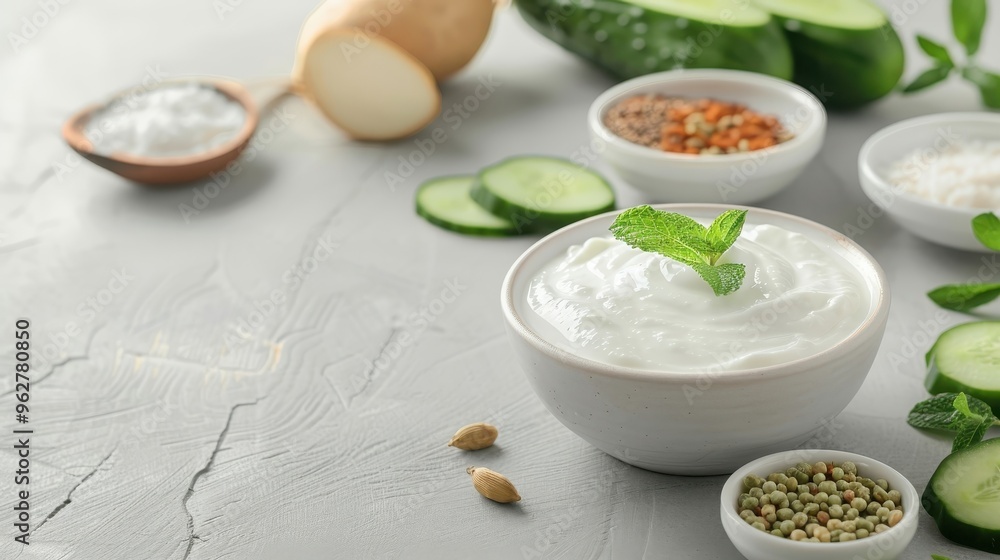 Making raita with yogurt, cucumber, mint, and spices in a bright kitchen setting. Making raita with yogurt, cucumber, mint, and spices in a bright kitchen setting.