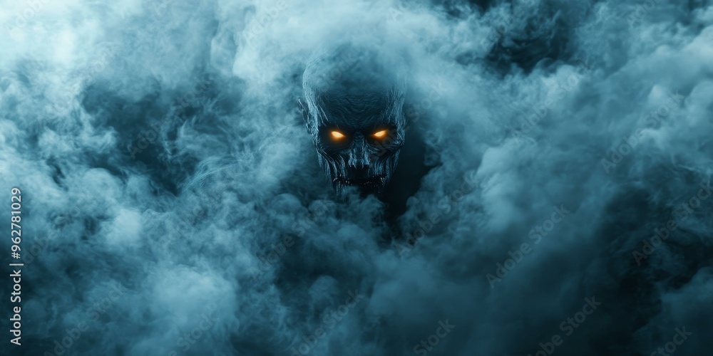 Monster with glowing eyes emerges from smoke. Monster with glowing eyes emerges from smoke.