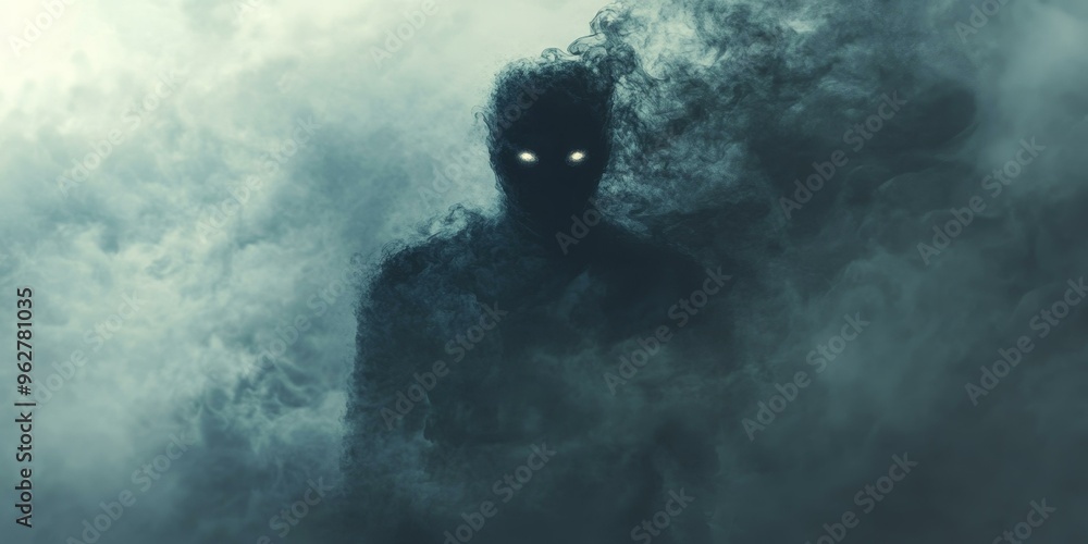 Fototapeta premium Dark figure emerges from swirling smoke.