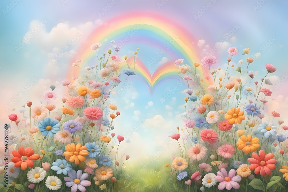 A whimsical garden of heart-shaped flowers blooming under a soft pastel rainbow in the background, AI Generated A whimsical garden of heart-shaped flowers blooming under a soft pastel rainbow in the background, AI Generated