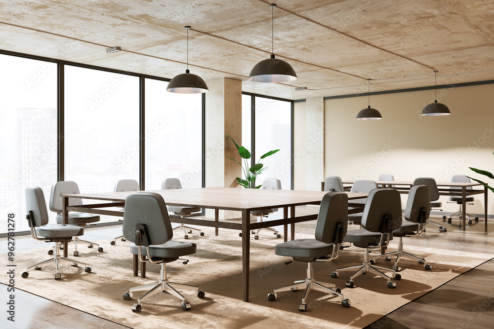 Fototapeta premium Modern conference room with wooden tables and office chairs. 3D Rendering