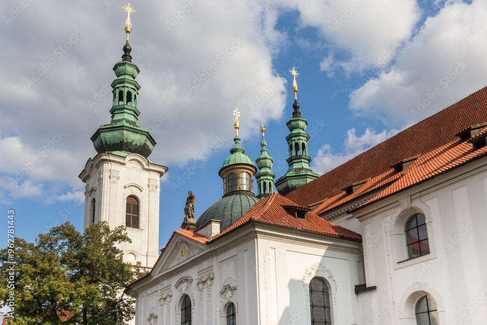 Towers of the church in the Strahov Monastery in Prague, Czechia