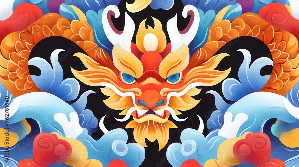 Fototapeta premium A vibrant dragon illustration featuring intricate designs and colorful patterns against a black backdrop, symbolizing strength and power.