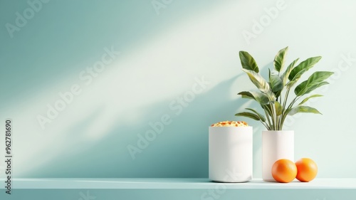 Minimalist 3D scene of dips and vegetables on clean, colorful surface, contrast between rich hues. photo