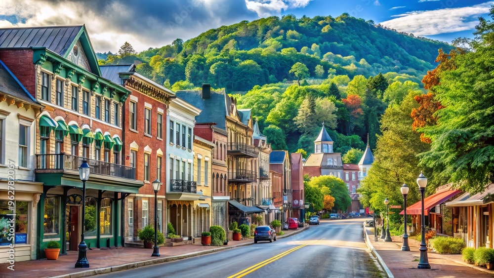 Historic West Virginia town's charming main street lined with quaint shops, restaurants, and 19th-century buildings, surrounded by rolling hills and Appalachian mountains. Historic West Virginia town's charming main street lined with quaint shops, restaurants, and 19th-century buildings, surrounded by rolling hills and Appalachian mountains.