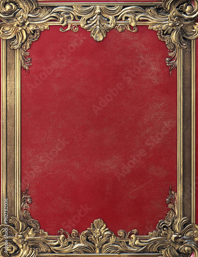  A blank, red canvas with an ornate, gold frame in a vintage style. This digital art piece features a detailed texture and high resolution photo