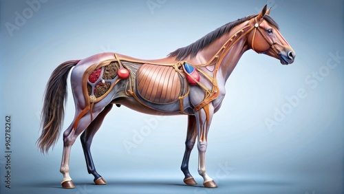 Illustrative diagram of a horse's internal organs, showcasing the heart, lungs, liver, stomach, intestines, and kidneys, with detailed labeling and subtle gradient shading.