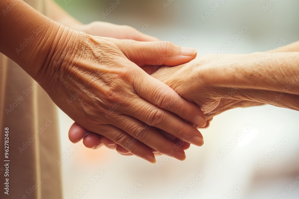 Fototapeta premium Grandmotherly love, tender care for elderly woman by younger caregiver. Hands holding, supporting, assisting senior female in comfortable home setting.