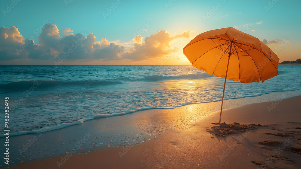 Beach Umbrella Sunset - Summer Vacation Landscape Illustration Beach Umbrella Sunset - Summer Vacation Landscape Illustration