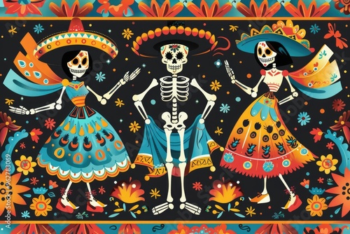 Day of the Dead or Dia De Los Muertos Mexican holiday characters Katrina, skeletons and mariachi musicians. Dia de Los Muertos fiesta music group in sombreros with guitars, trumpets and violins photo