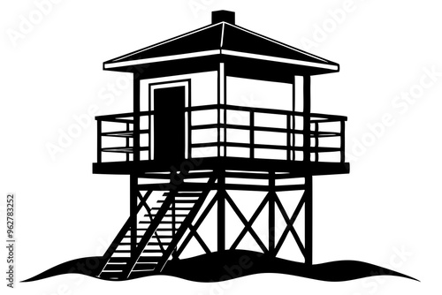  Lifeguard tower Silhouette vector, Safeguard tower black on a white background. 