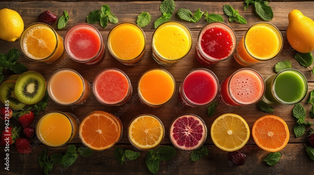 A vibrant display of various fruit juices arranged with fresh fruits and mint leaves. A vibrant display of various fruit juices arranged with fresh fruits and mint leaves.