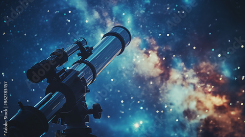 elescope Aiming at Starry Galaxy in Deep Space, Showcasing Astrophotography, Astronomy Exploration, Cosmic Research, and Innovations in Space Observation Technology photo