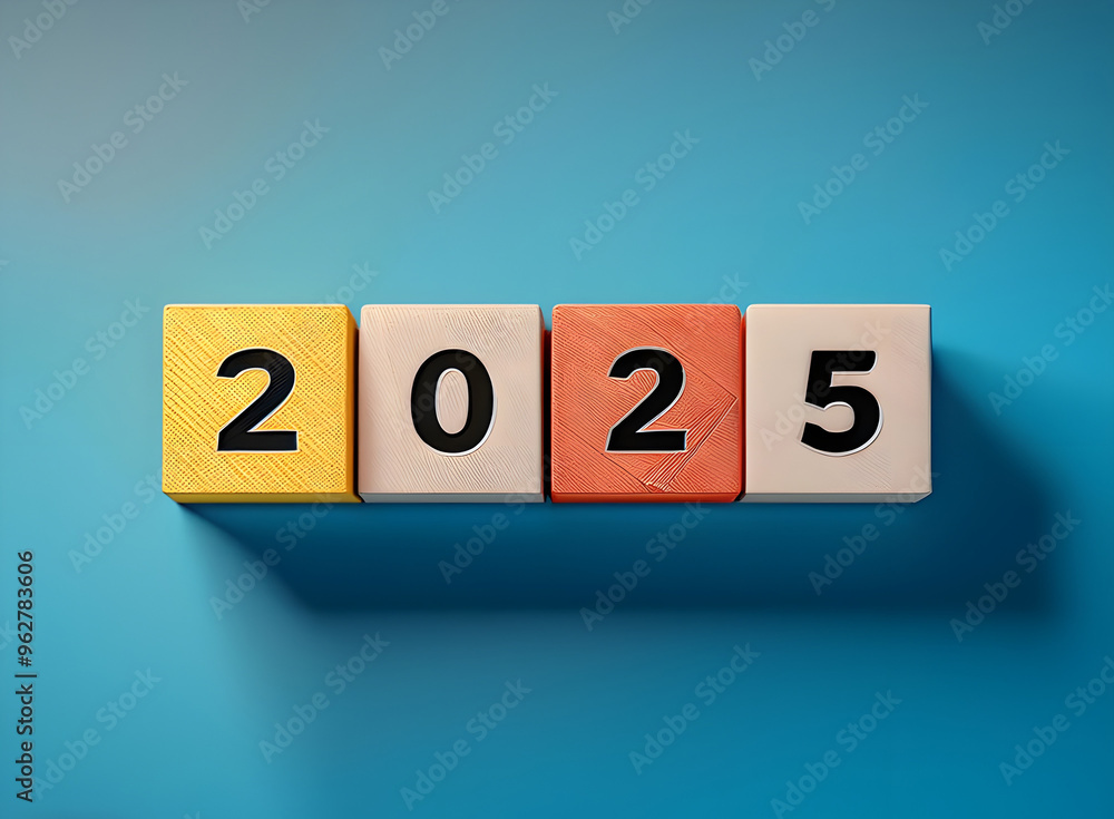 New year 2025 concept. Text on cube blocks isolated on blue background. generative ai New year 2025 concept. Text on cube blocks isolated on blue background. generative ai