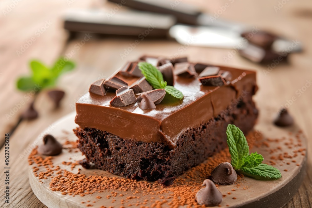 Chocolate cake slice on wooden table, close-up. Rich brown color, creamy mint frosting. Delicious dessert treat on a plate, sweet delight for epicure. Chocolate cake slice on wooden table, close-up. Rich brown color, creamy mint frosting. Delicious dessert treat on a plate, sweet delight for epicure.