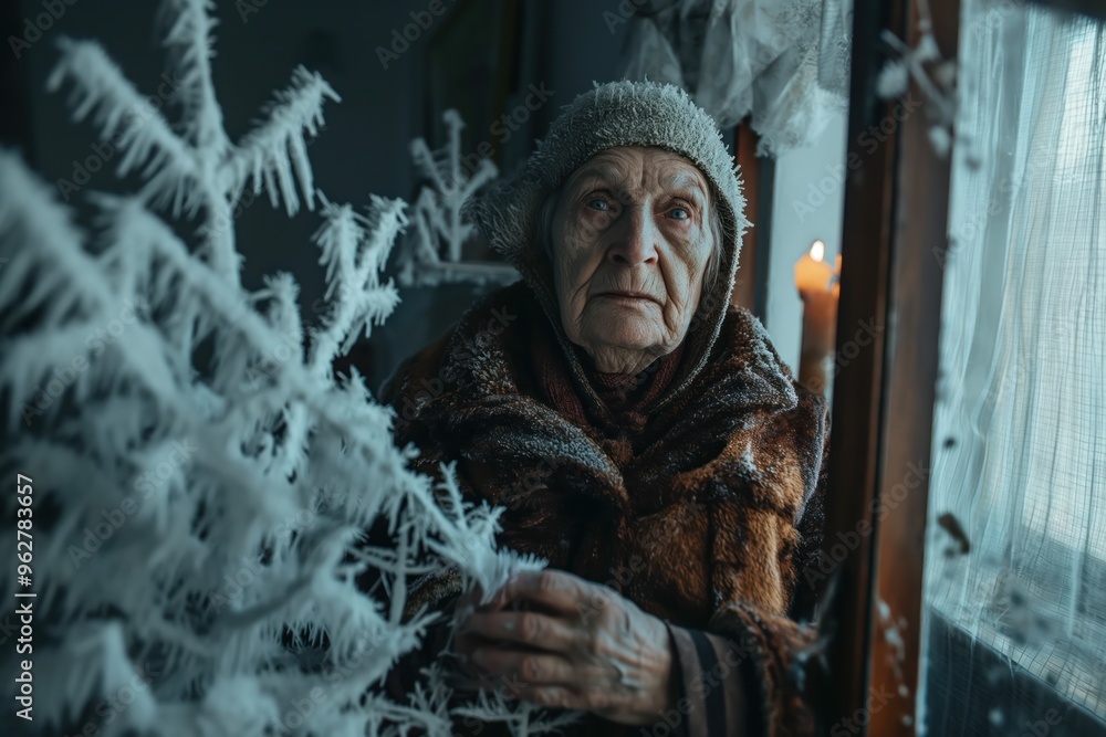Elderly woman stands in dimly lit room, holding icy object, wearing brown coat. Scene set in modern minimalistic living space covered in hoarfrost, creating surreal atmosphere of solitude, Elderly woman stands in dimly lit room, holding icy object, wearing brown coat. Scene set in modern minimalistic living space covered in hoarfrost, creating surreal atmosphere of solitude,