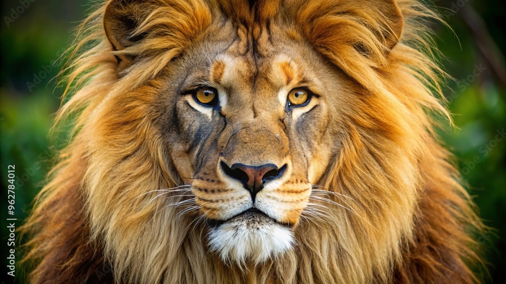 Majestic close-up portrait of a regal African lion's face, showcasing its vibrant golden fur, piercing brown eyes, and powerful whiskers set against a natural background. Majestic close-up portrait of a regal African lion's face, showcasing its vibrant golden fur, piercing brown eyes, and powerful whiskers set against a natural background.