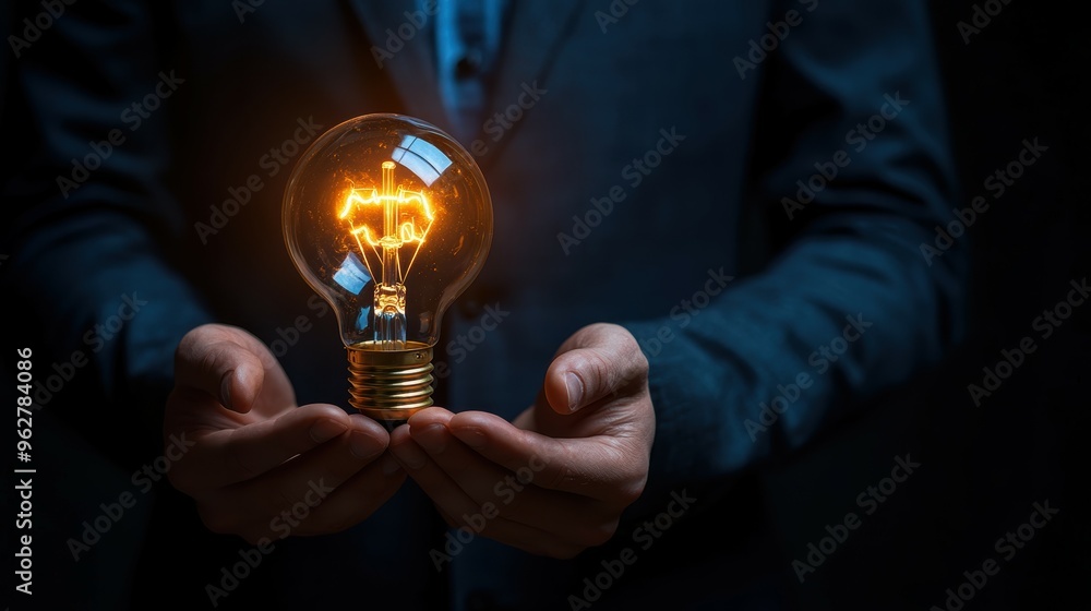 Businessman in a suit holding a glowing light bulb, symbolizing energy efficiency and innovative ideas. Businessman in a suit holding a glowing light bulb, symbolizing energy efficiency and innovative ideas.