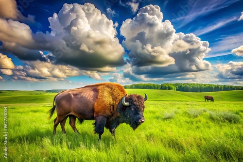 Majestic bison roam freely in a lush green meadow near Mankato, Minnesota, with the blue sky and fluffy photo