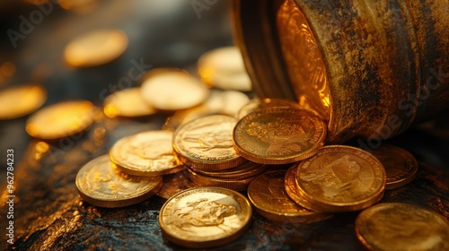 Golden coins spilling out of a barrel of oil, representing the wealth and economic power associated with oil. photo