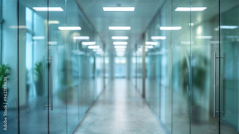 Beautiful architecture design of corridor hall in modern indoor interior workplace office hospital with glass window partition, blurred meeting open room inside with light center building department Beautiful architecture design of corridor hall in modern indoor interior workplace office hospital with glass window partition, blurred meeting open room inside with light center building department
