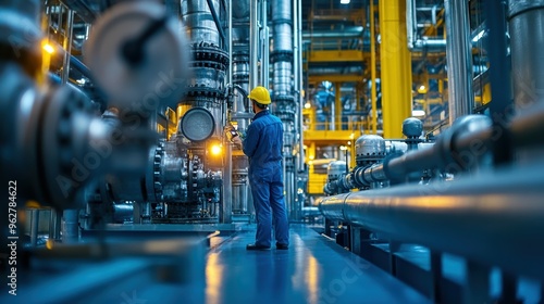 Industrial worker inspecting a complex network of pipes and valves at an oil refinery, ensuring smooth operation.